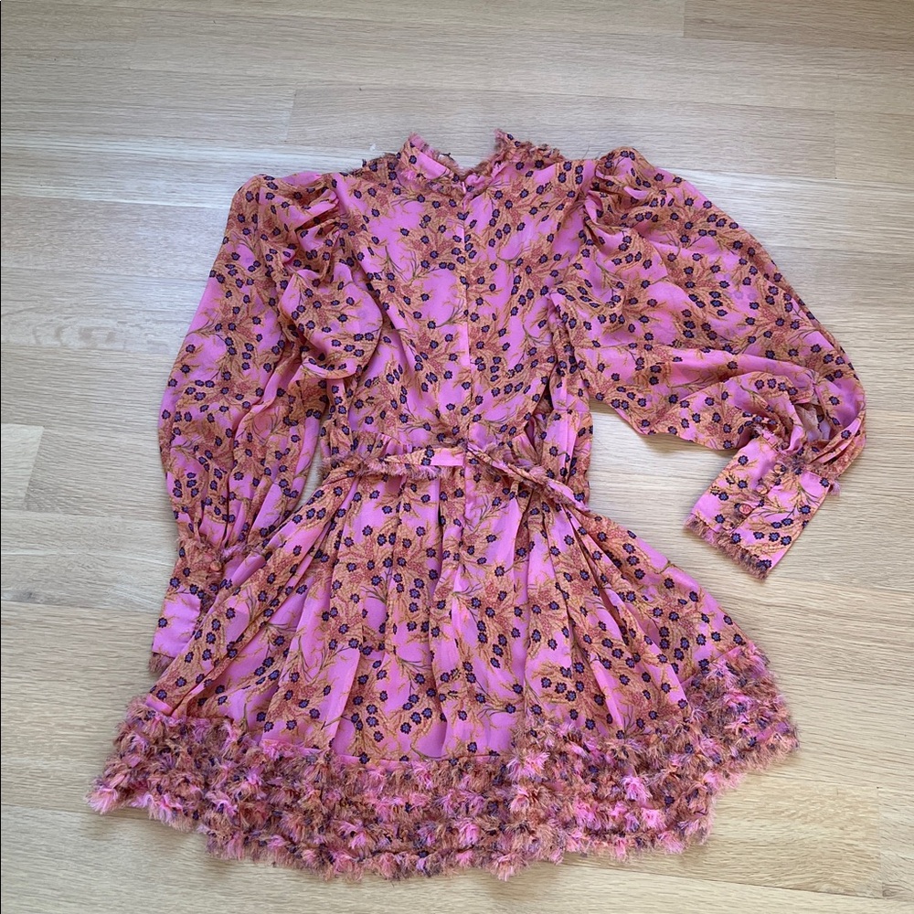 ALEXIS Karina Pink Floral Dress Ruffles Long Sheer Sleeves Size Small - Picture 11 of 12